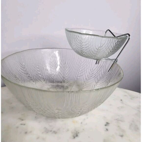 Arcoroc Durand Country Wheat Design 3 pc Chip and Dip Set Original Vintage Clear - Picture 4 of 11